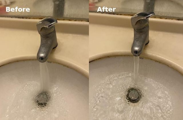 水管清洗前後的水龍頭出水量對比：清洗後水量明顯變大